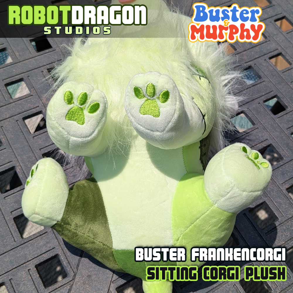 Belly view of a Buster Frankencorgi Sitting Plush designed and created by Robot Dragon Studios.