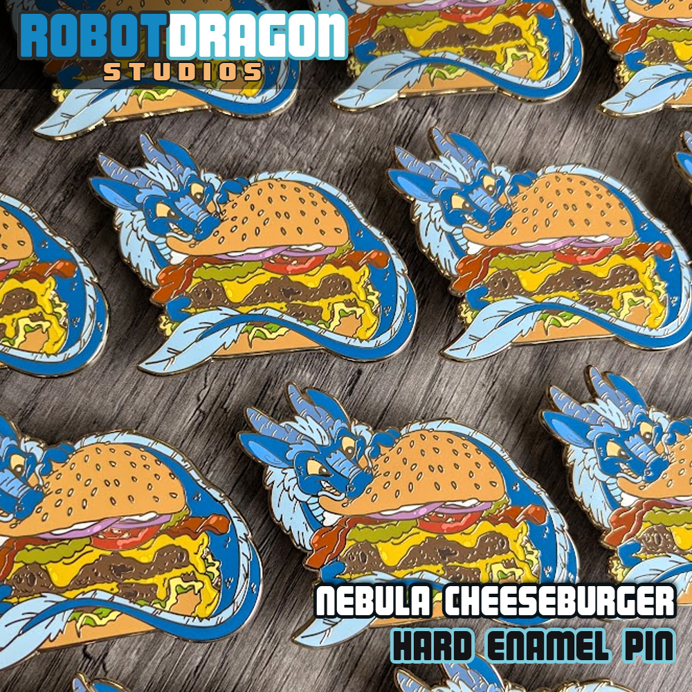 Arrangement of Nebula Cheeseburger hard enamel pins in a row from Robot Dragon Studios.