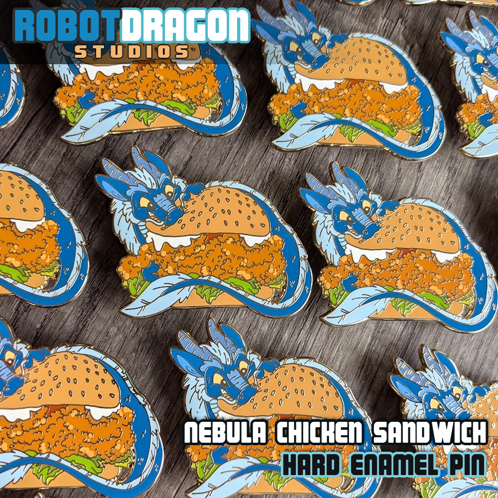 Arrangement of Nebula Chicken Sandwich hard enamel pins in a row from Robot Dragon Studios.