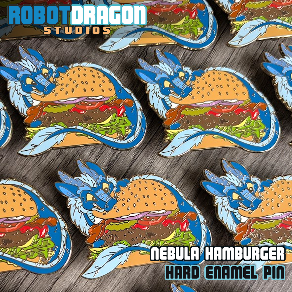 Arrangement of Nebula Hamburger hard enamel pins in a row from Robot Dragon Studios.