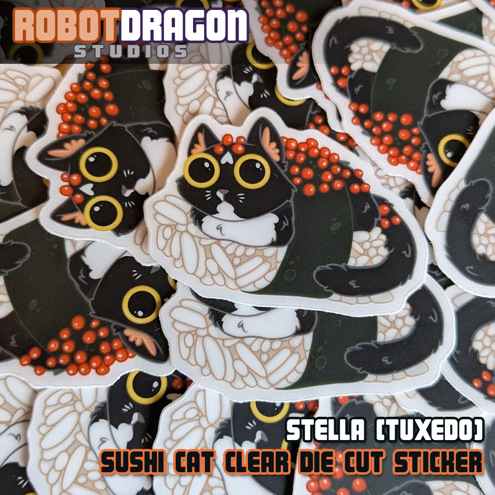 Featuring Stella the sushi cat, a tuxedo cat, premium sticker by Robot Dragon Studios