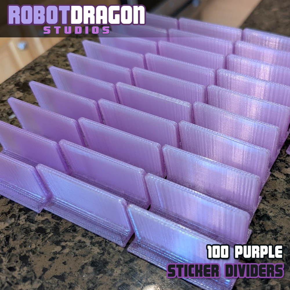 Close up photo of a row of 3D printed purple translucent PETG sticker dividers designed and created by Robot Dragon Studios for artist alley.