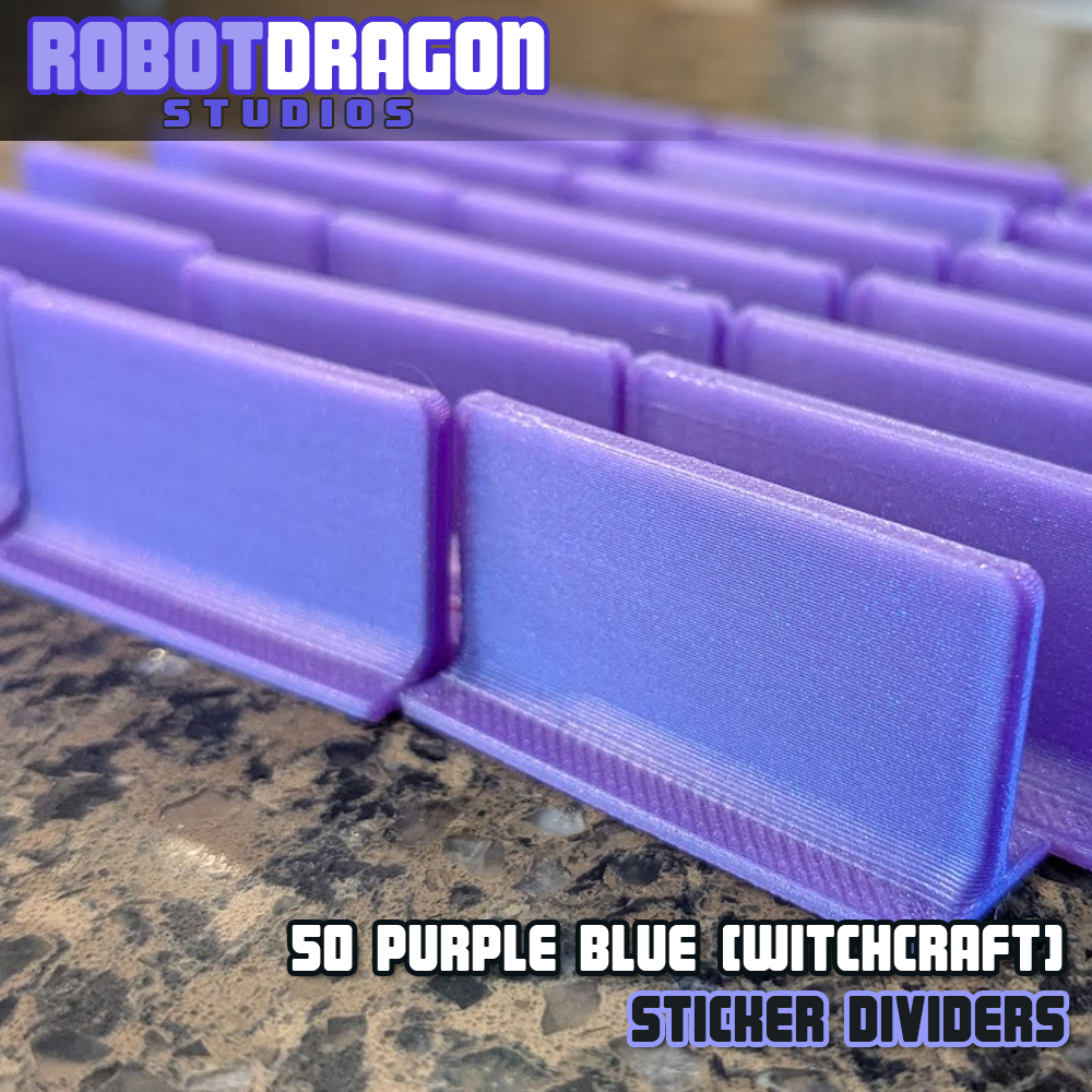 Close up photo of a row of 3D printed purple blue iridescent PETG sticker dividers designed and created by Robot Dragon Studios for artist alley.