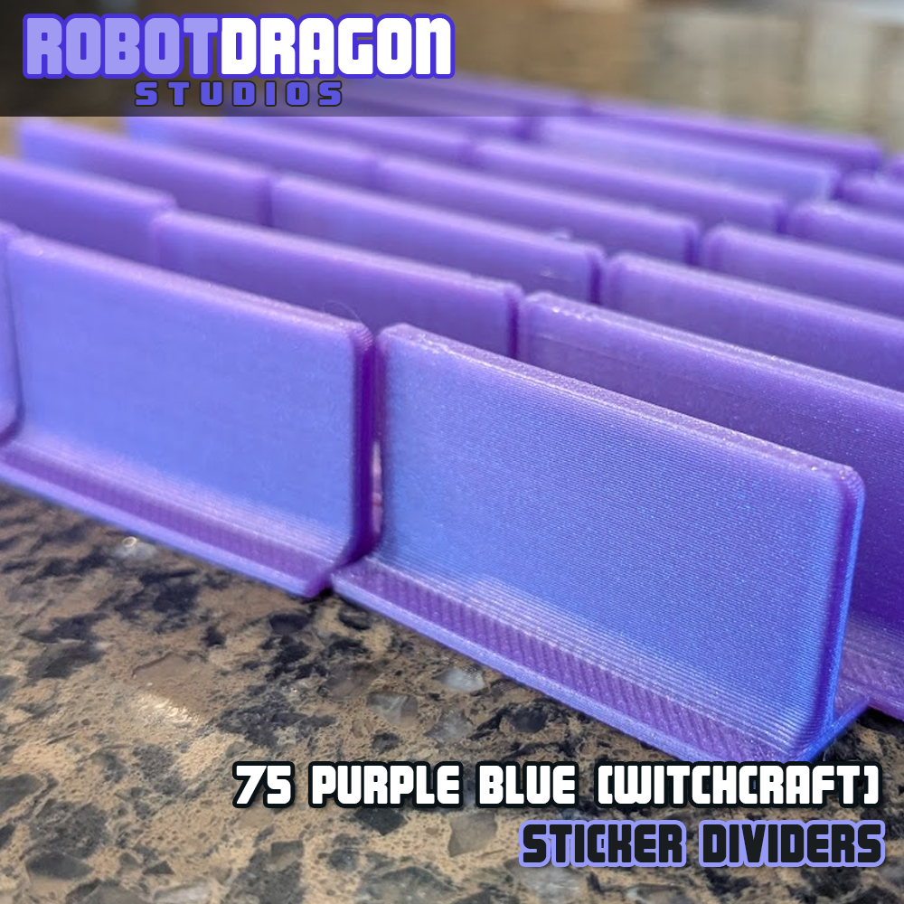Close up photo of a row of 3D printed purple blue iridescent PETG sticker dividers designed and created by Robot Dragon Studios for artist alley.
