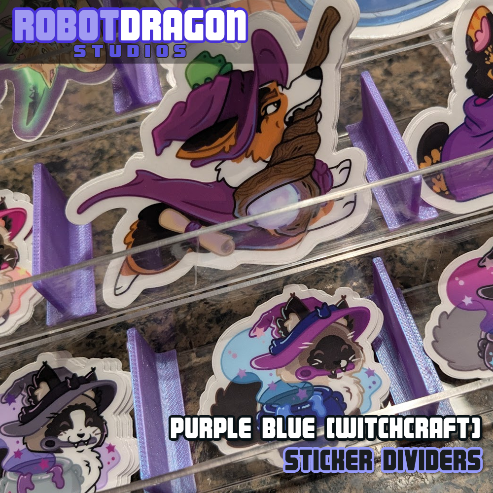 Example of 3D printed purple blue iridescent PETG sticker dividers in use in a sticker display designed and created by Robot Dragon Studios for artist alley, also visible are Wizard Corgis, Witch Kitties, and Vampire Kitties.