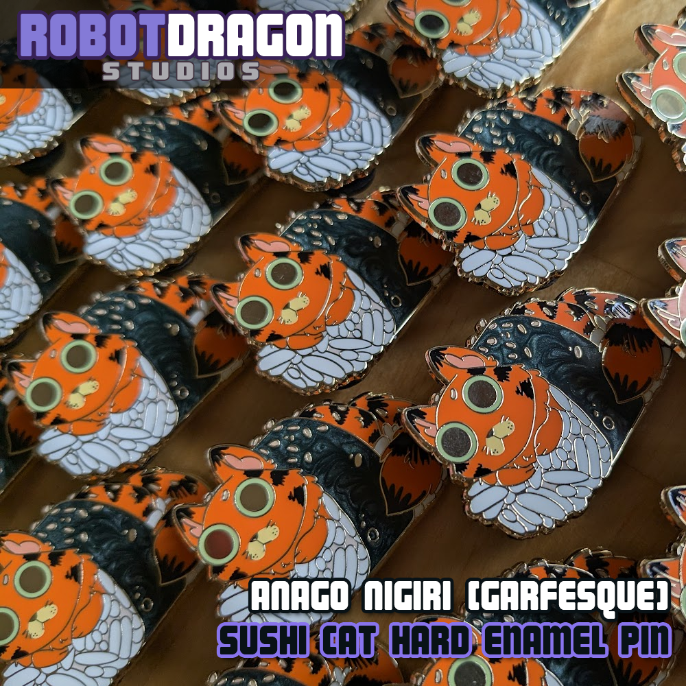 Anago Nigiri garfesque sushi cat hard enamel pin by Robot Dragon Studios featuring an orange cat in sushi style