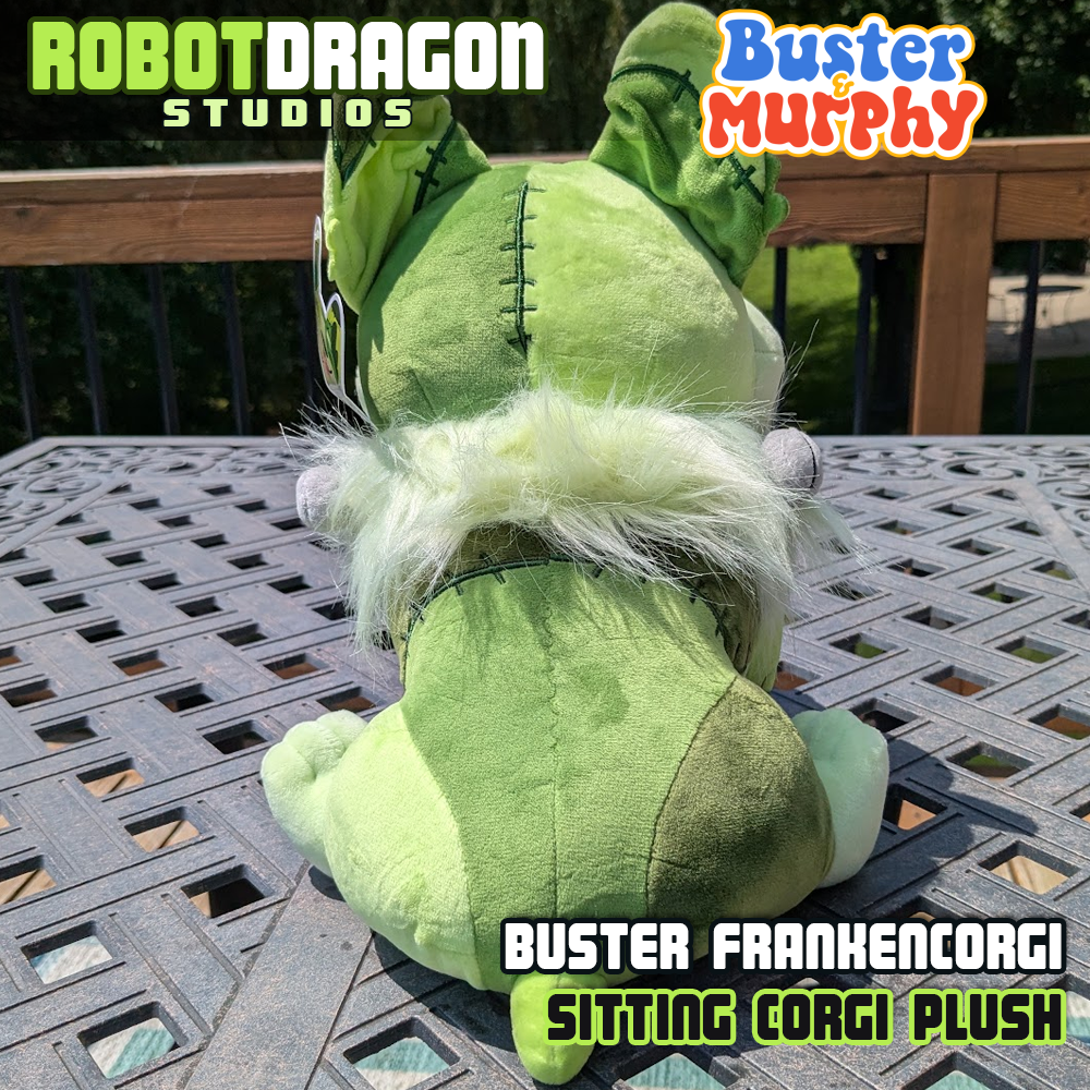 Back shot of a Buster Frankencorgi Sitting Plush designed and created by Robot Dragon Studios.