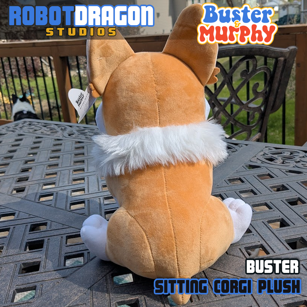 Back of a Buster red Pembroke corgi plush designed and created by Robot Dragon Studios.