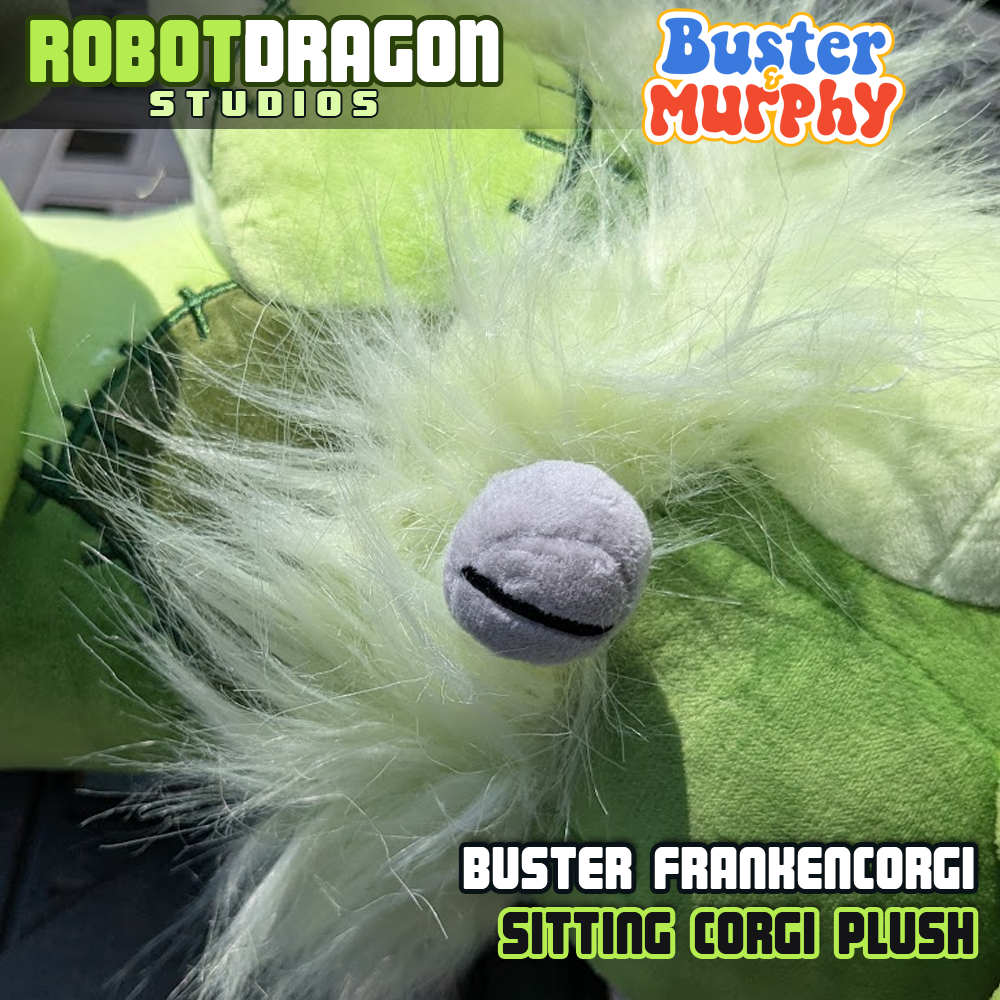 Bolt detail close-up of a Buster Frankencorgi Sitting Plush designed and created by Robot Dragon Studios.