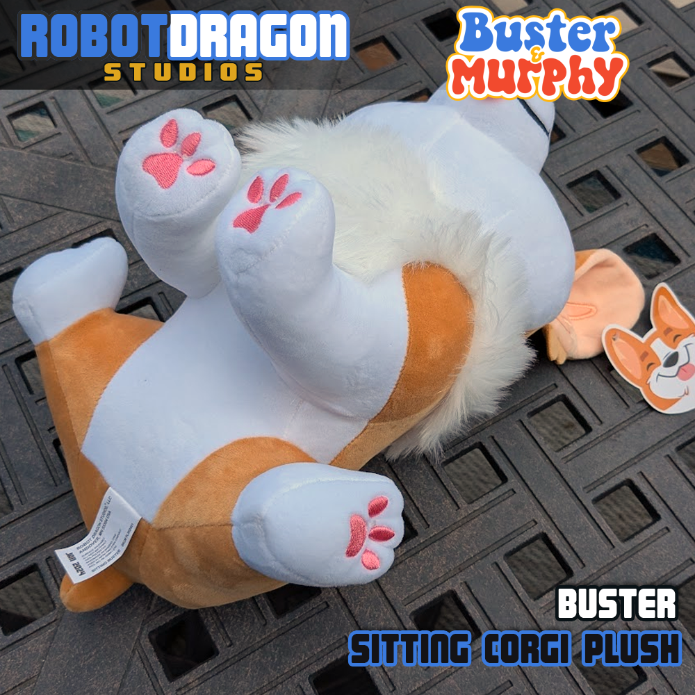 Bottom of a Buster red Pembroke corgi plush designed and created by Robot Dragon Studios.