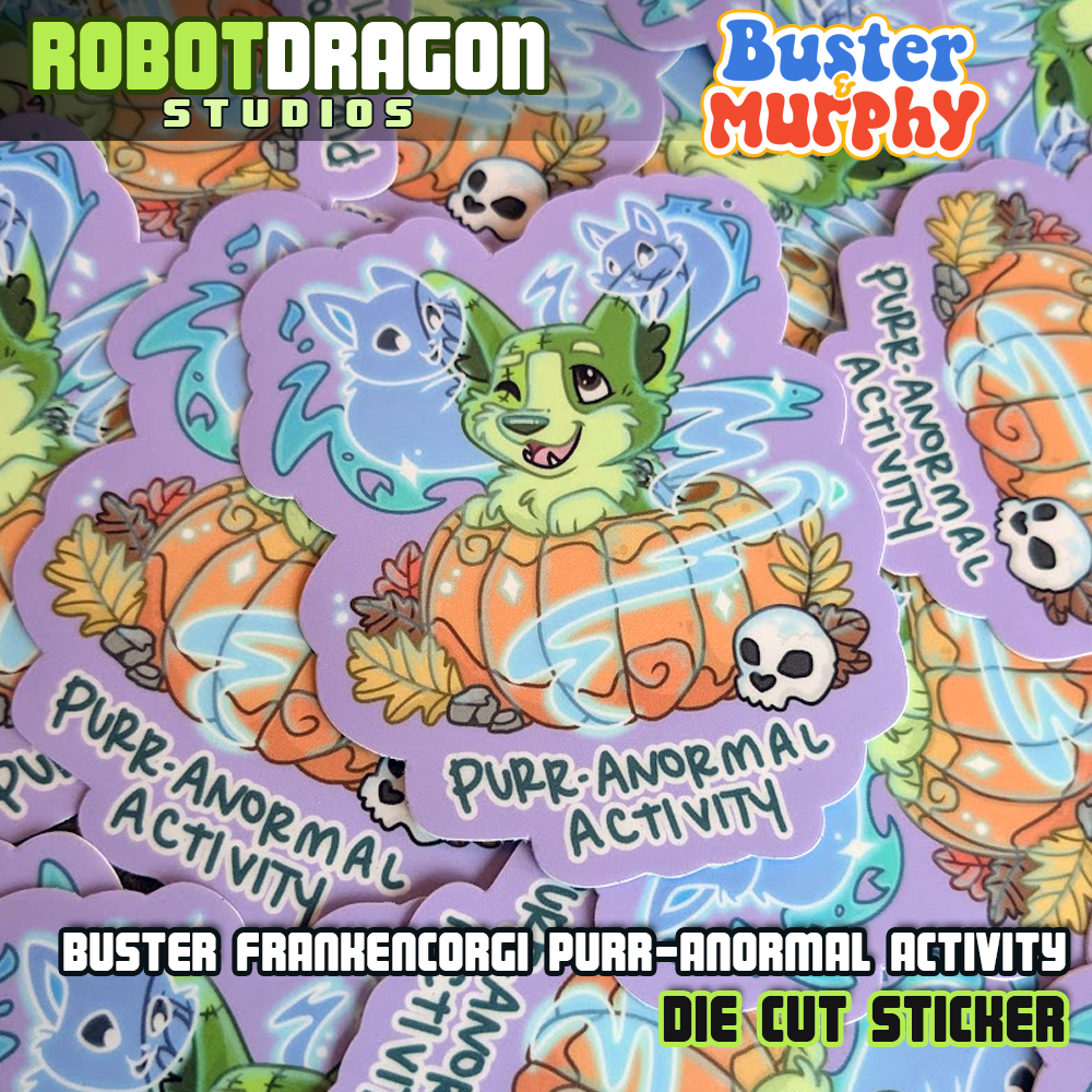 Pile of Buster Frankencorgi Purr-Anormal Activity Die Cut Stickers designed by Robot Dragon Studios.