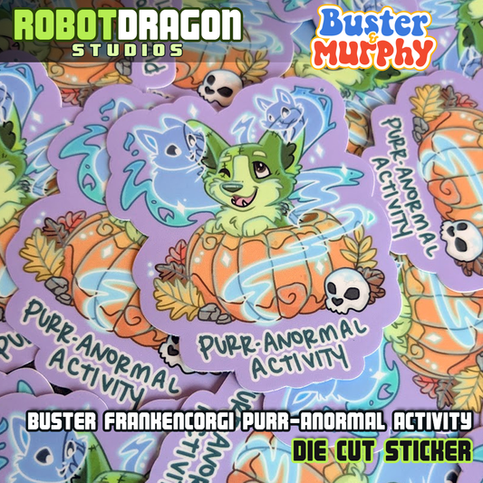 Pile of Buster Frankencorgi Purr-Anormal Activity Die Cut Stickers designed by Robot Dragon Studios.