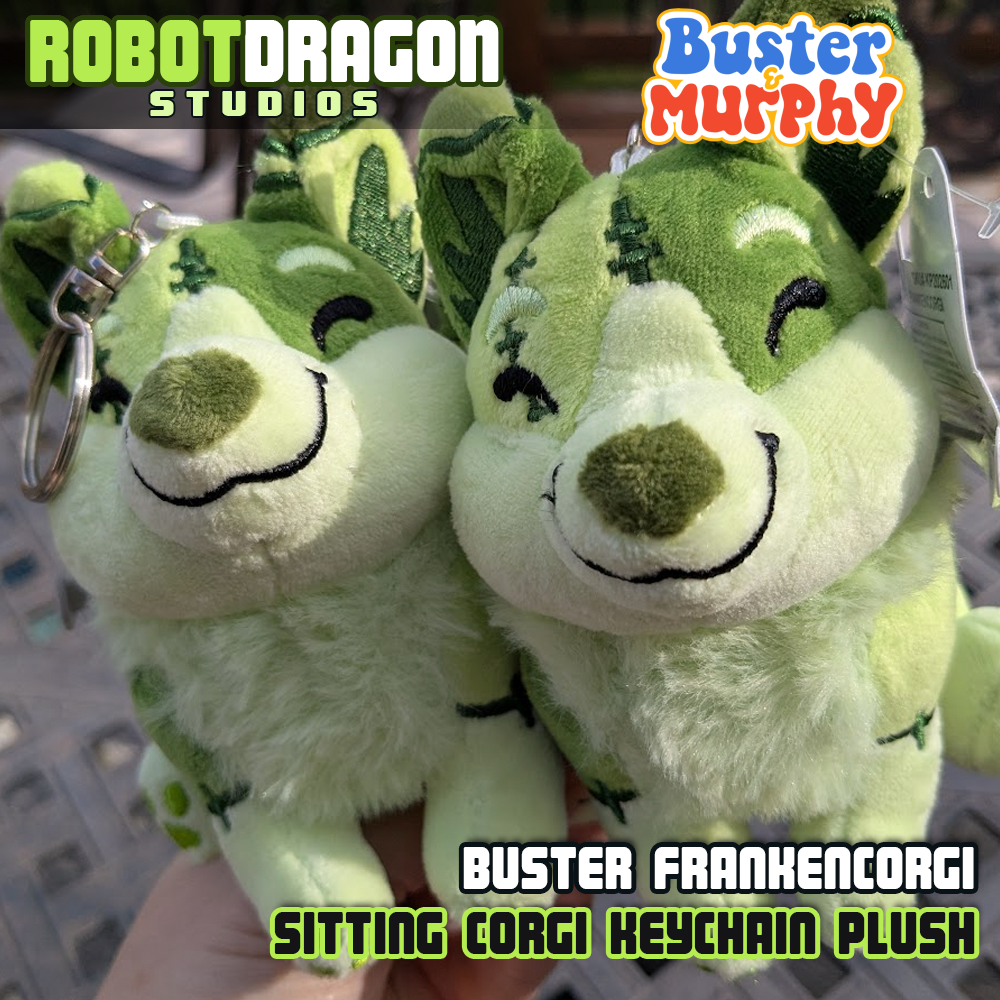 Closeup of two Buster Frankencorgi keychains designed and created by Robot Dragon Studios.