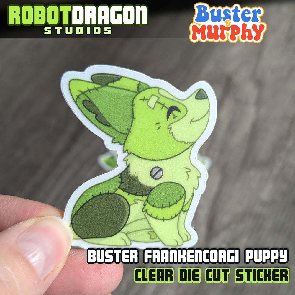 Close-up of a single Buster Frankencorgi Puppy Clear Die Cut Sticker designed and created by Robot Dragon Studios.