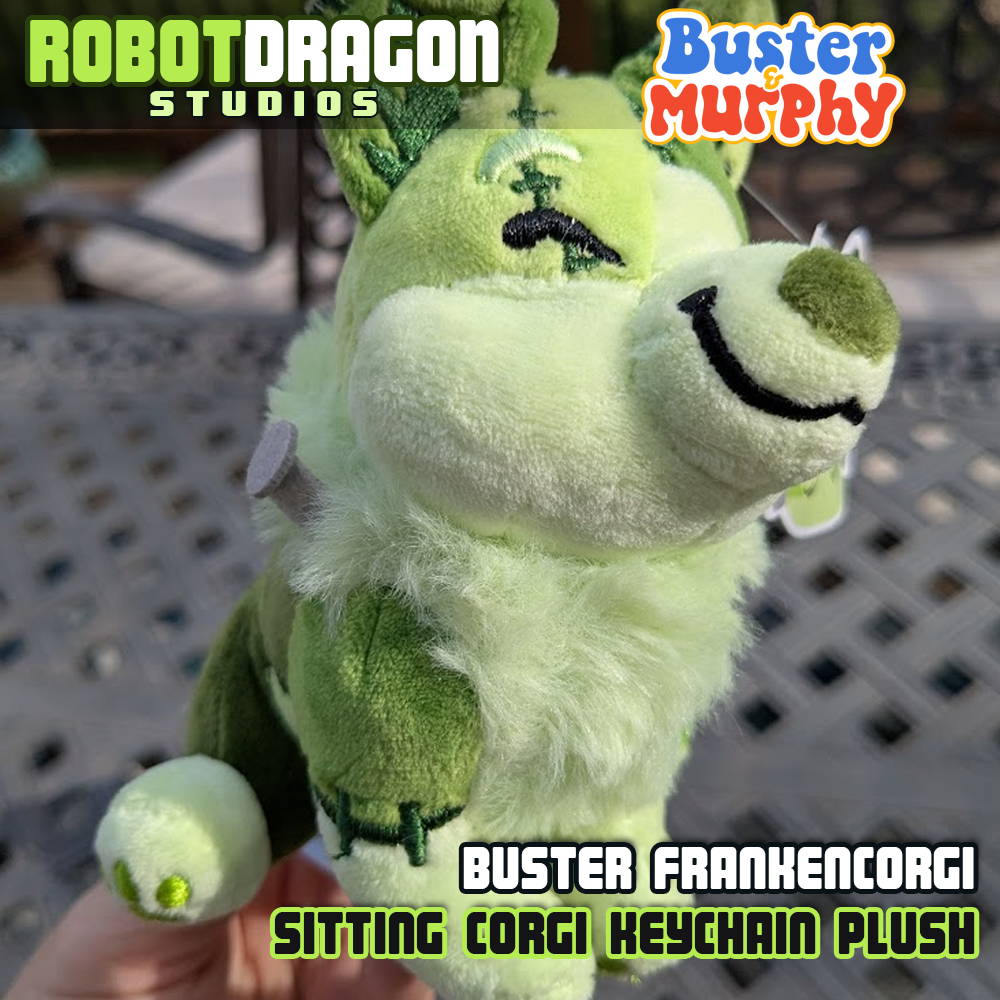 Angled closeup of a Buster Frankencorgi keychain designed and created by Robot Dragon Studios.