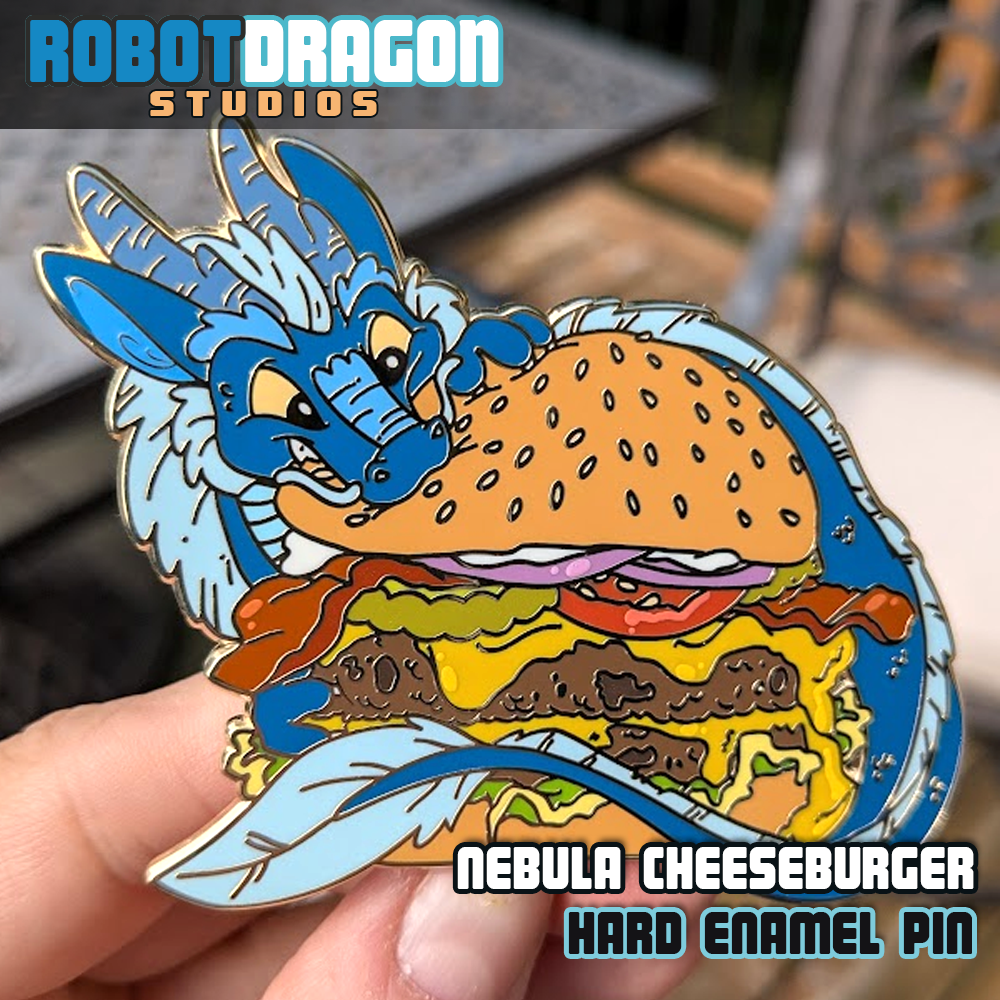 Close-up of a Nebula Cheeseburger hard enamel pin from Robot Dragon Studios.