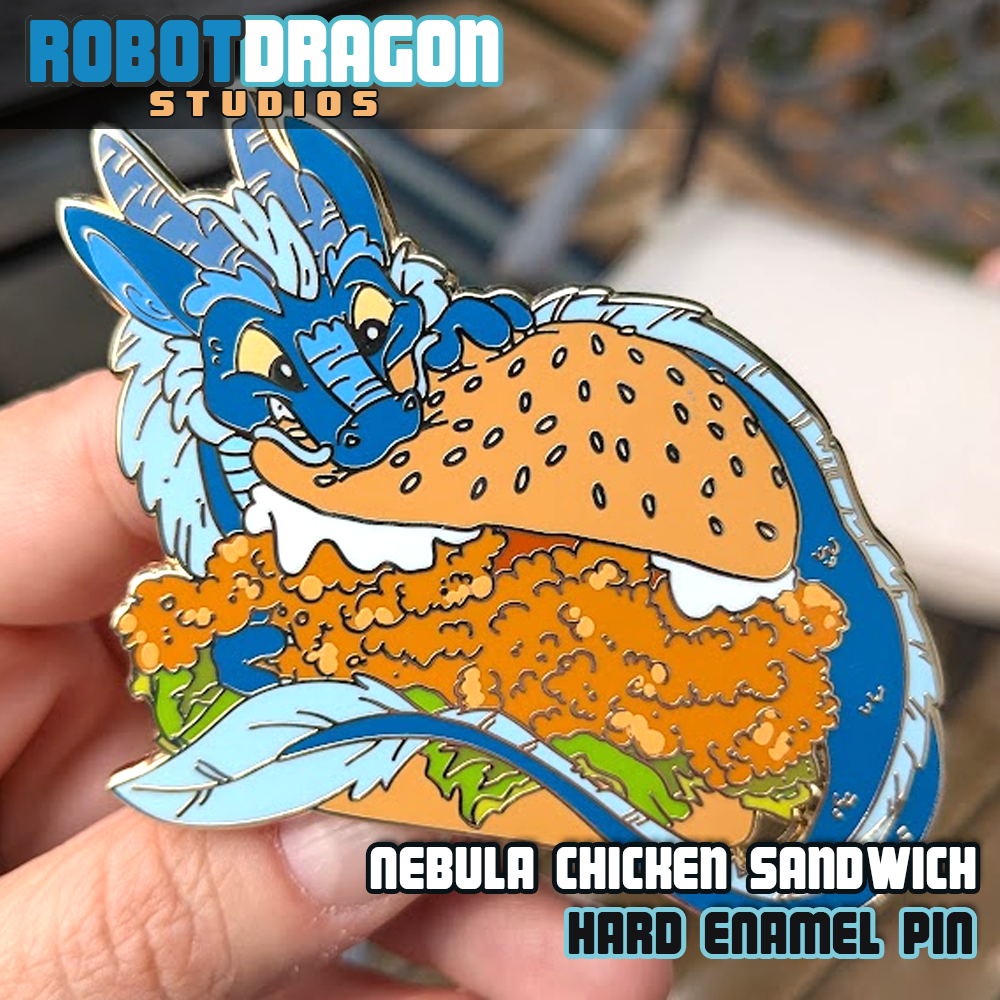 Close-up of a Nebula Chicken Sandwich hard enamel pin from Robot Dragon Studios.