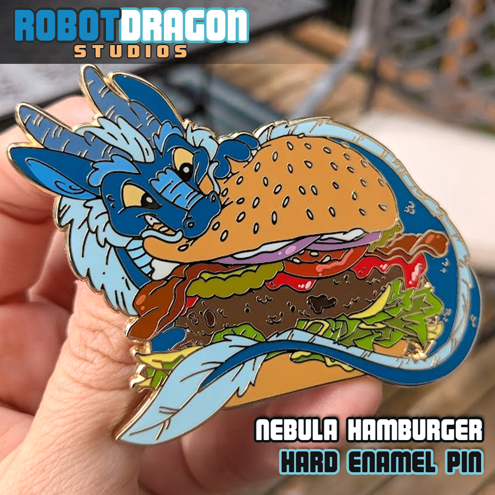 Close-up of a Nebula Hamburger hard enamel pin from Robot Dragon Studios.