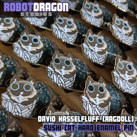 David Hasselfluff Siamese sushi cat hard enamel pin by Robot Dragon Studios with bright big blue-eyes 