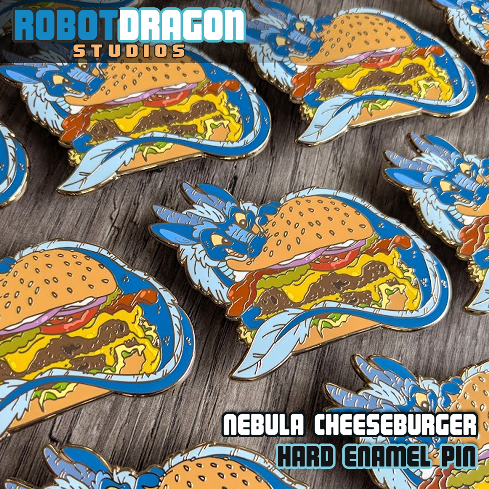 Arrangement of Nebula Cheeseburger hard enamel pins in a row from Robot Dragon Studios.