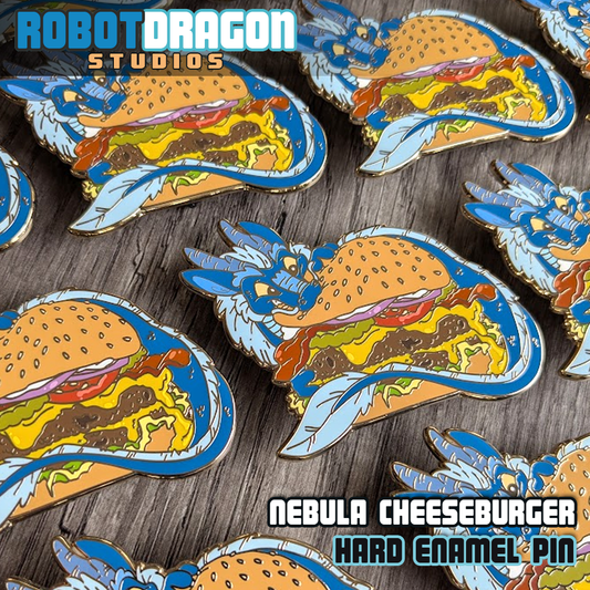 Arrangement of Nebula Cheeseburger hard enamel pins in a row from Robot Dragon Studios.