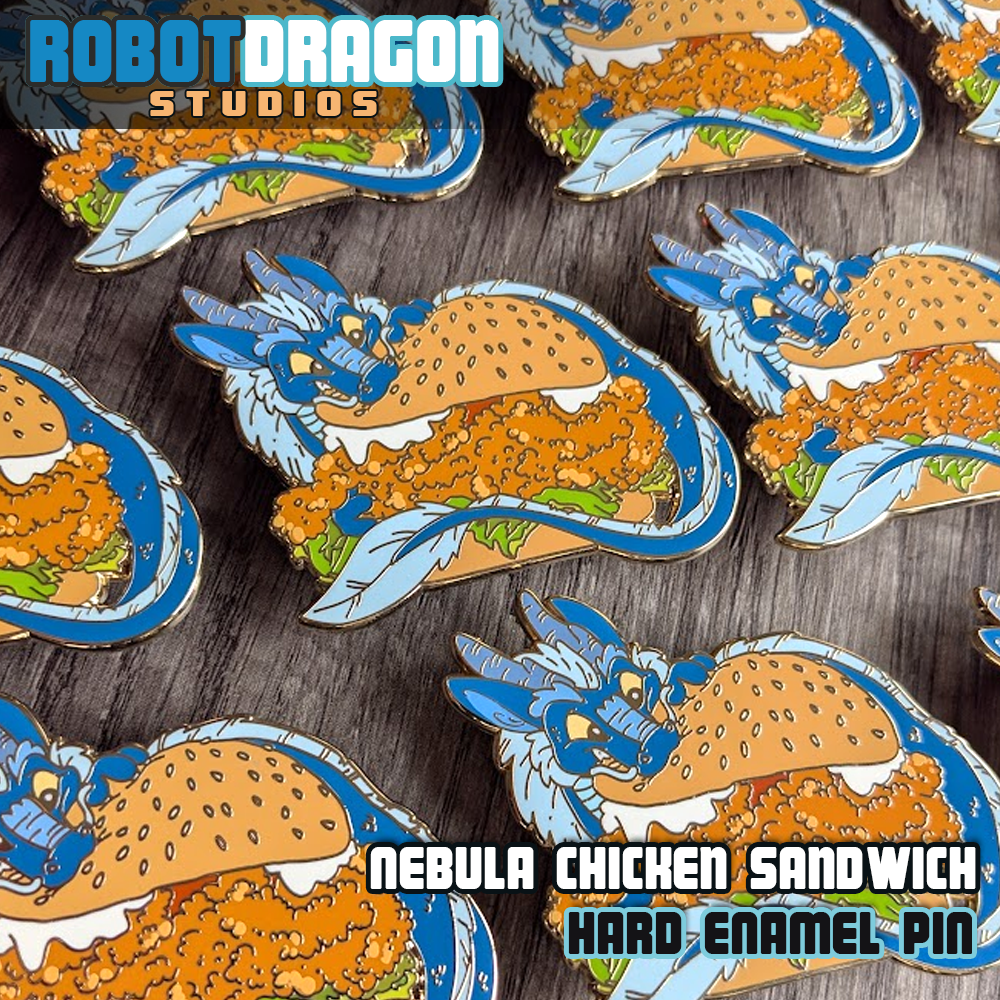 Arrangement of Nebula Chicken Sandwich hard enamel pins in a row from Robot Dragon Studios.