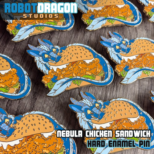 Arrangement of Nebula Chicken Sandwich hard enamel pins in a row from Robot Dragon Studios.