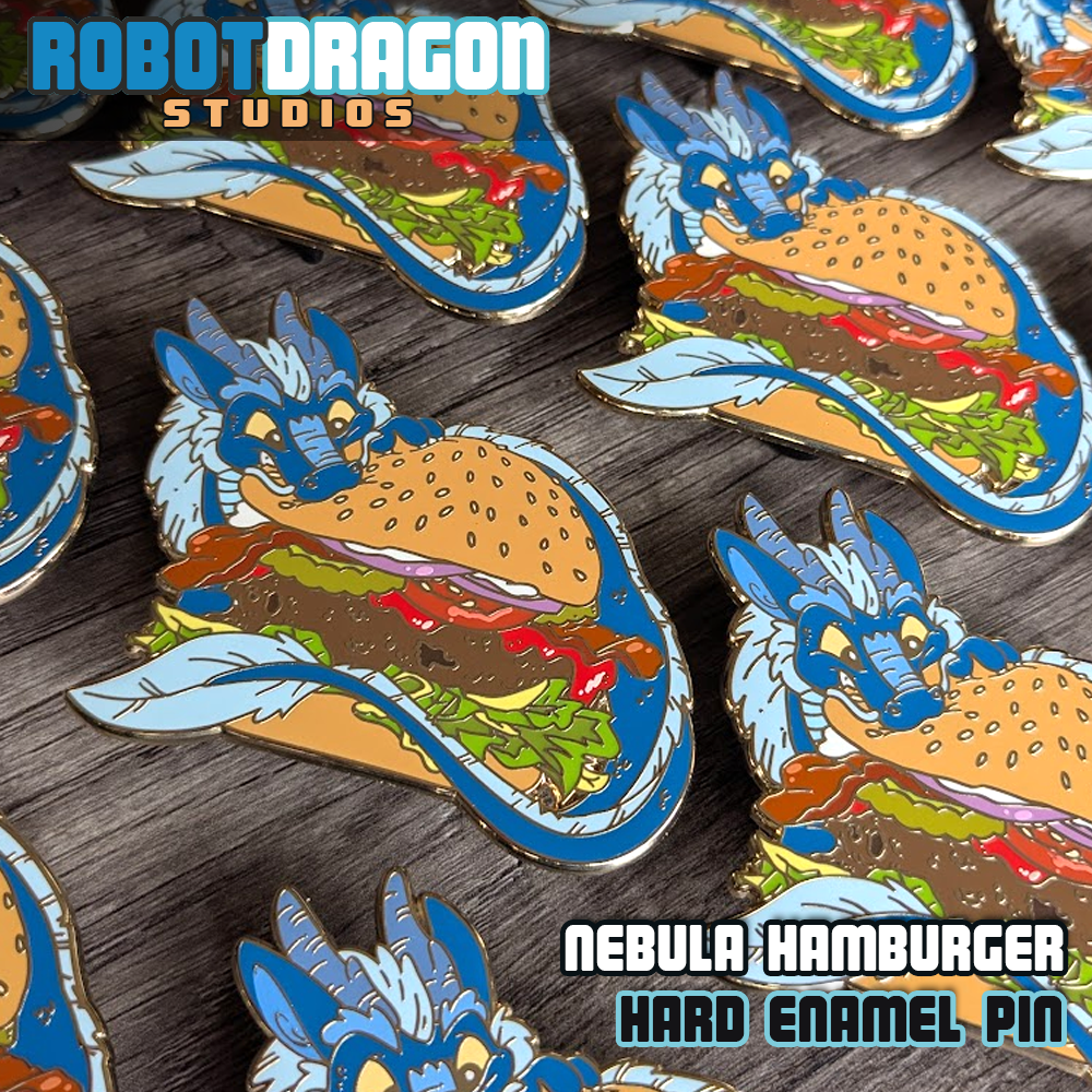Arrangement of Nebula Hamburger hard enamel pins in a row from Robot Dragon Studios.