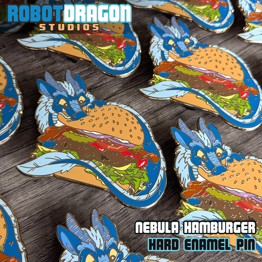 Arrangement of Nebula Hamburger hard enamel pins in a row from Robot Dragon Studios.