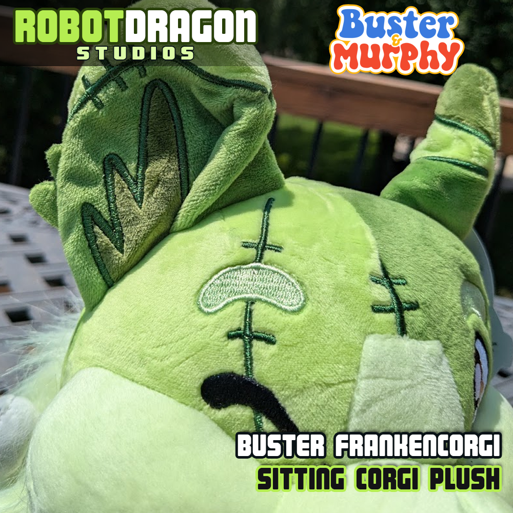 Detailed ear closeup of a Buster Frankencorgi Sitting Plush designed and created by Robot Dragon Studios.