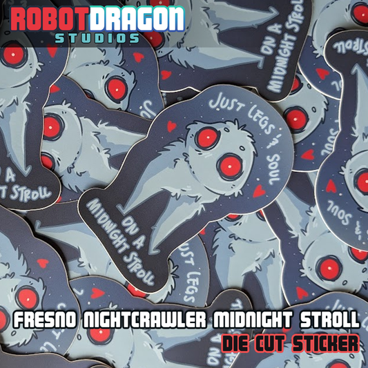 Pile of die cut Fresno Nightcrawler Midnight Stroll stickers from Robot Dragon Studios.