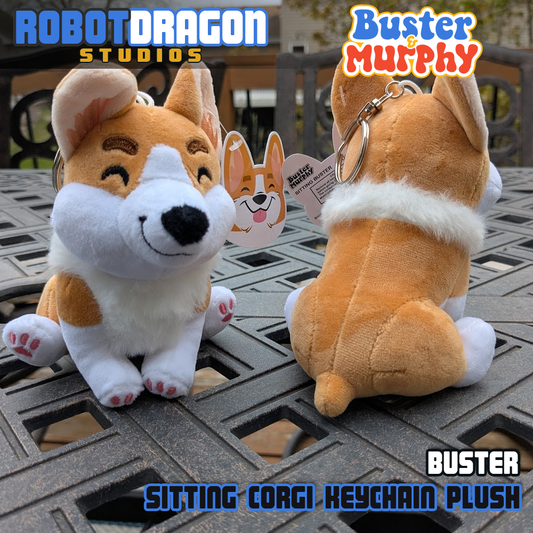 Front and back closeup of Buster red Pembroke corgi keychains designed and created by Robot Dragon Studios.