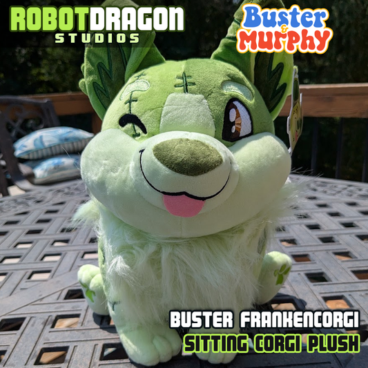 Front closeup of a Buster Frankencorgi Sitting Plush designed and created by Robot Dragon Studios.