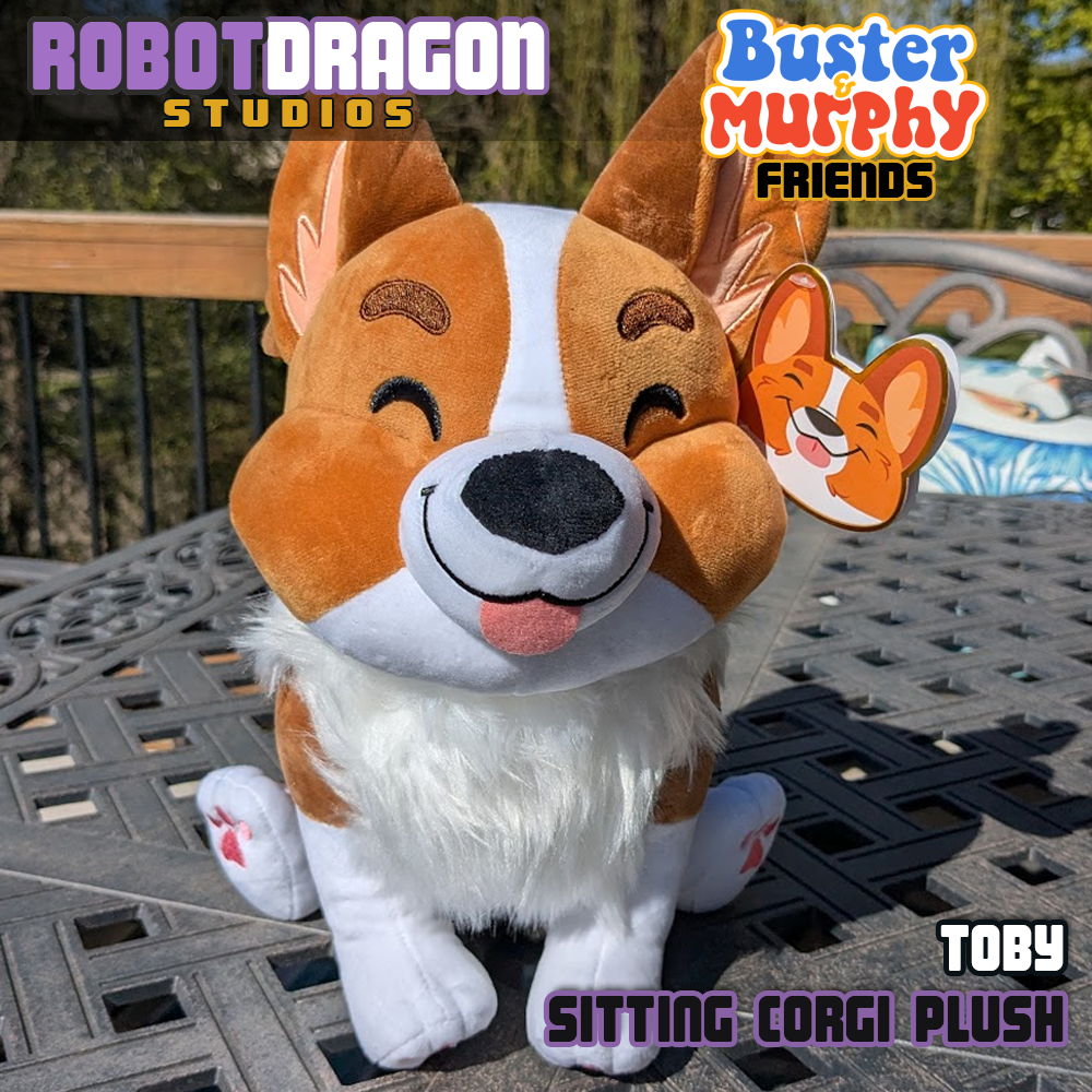 Front of a limited edition Toby red-headed tricolor corgi plush designed and created by Robot Dragon Studios.