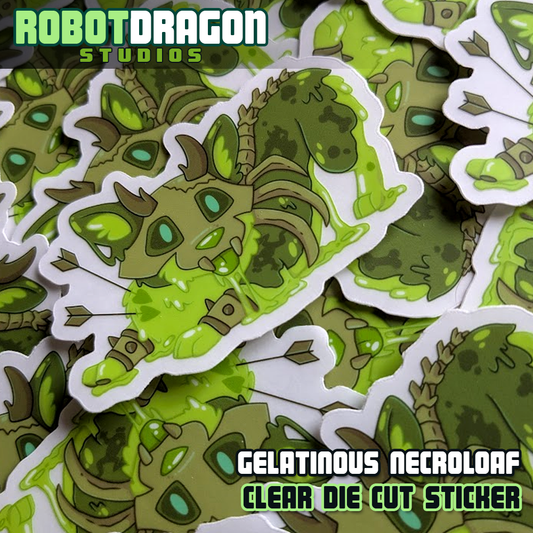 Pile of clear die cut gelatinous necroloaf corgi stickers from Robot Dragon Studios.