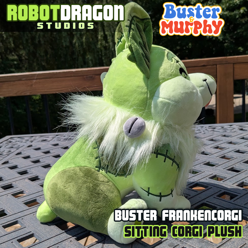 Right facing side view of a Buster Frankencorgi Sitting Plush designed and created by Robot Dragon Studios.