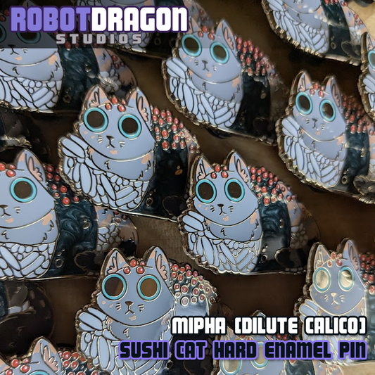 Mipha dilute calico sushi cat hard enamel pin by Robot Dragon Studios with pearl-like accents