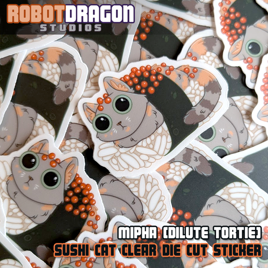Featuring Mipha the sushi cat, a dilute tortie, premium sticker by Robot Dragon Studios