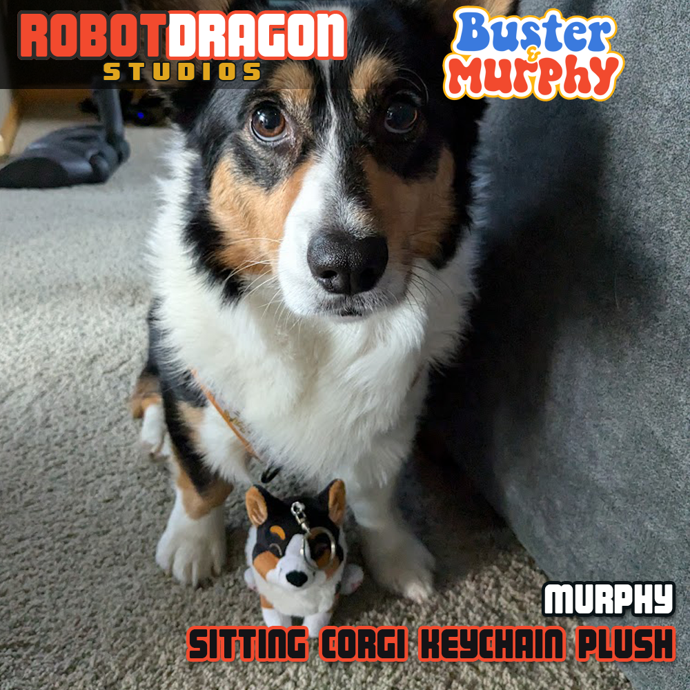 S'mores the real black tricolor corgi modeling with a Murphy black tricolor Pembroke corgi keychain designed and created by Robot Dragon Studios.