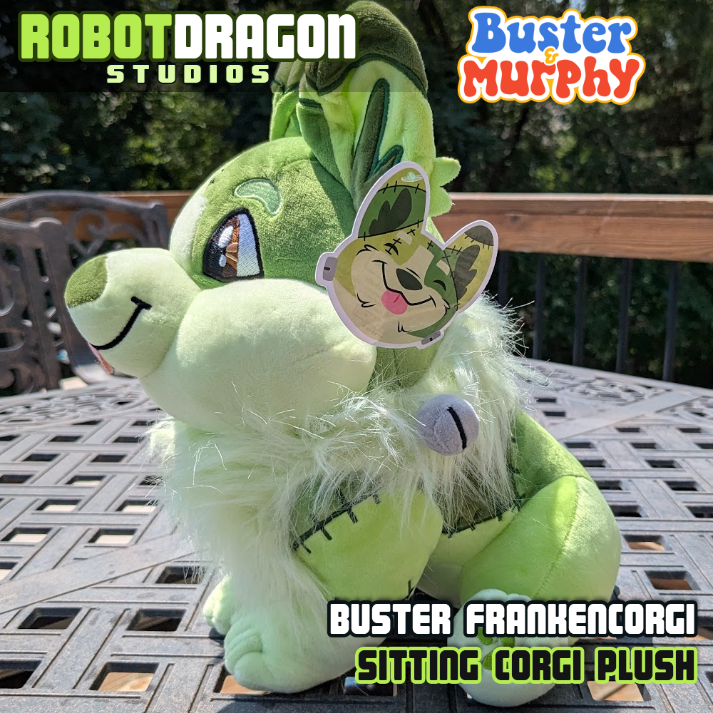 Left facing side view of a Buster Frankencorgi Sitting Plush designed and created by Robot Dragon Studios.