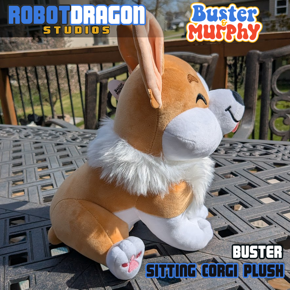 Side of a Buster red Pembroke corgi plush designed and created by Robot Dragon Studios.