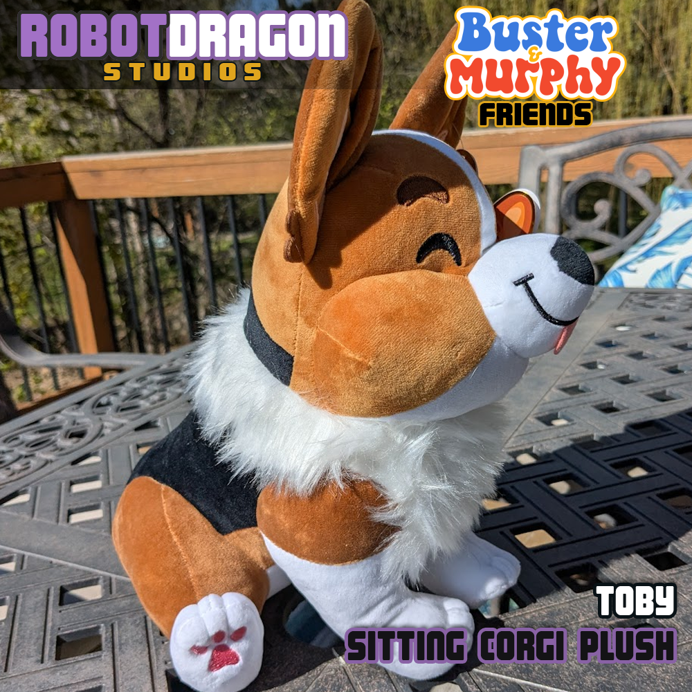 Side of a limited edition Toby red-headed tricolor corgi plush designed and created by Robot Dragon Studios.