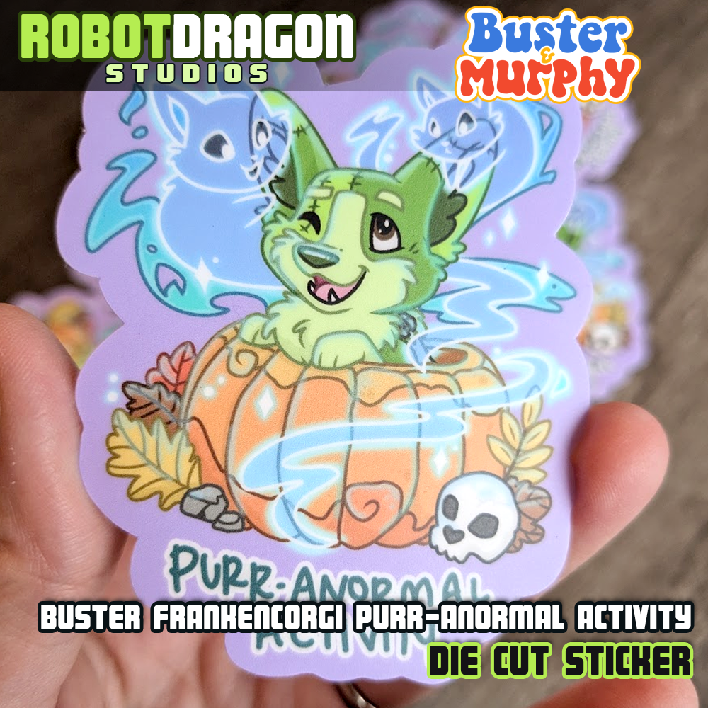 Single close-up of a Buster Frankencorgi Purr-Anormal Activity Die Cut Sticker designed by Robot Dragon Studios.