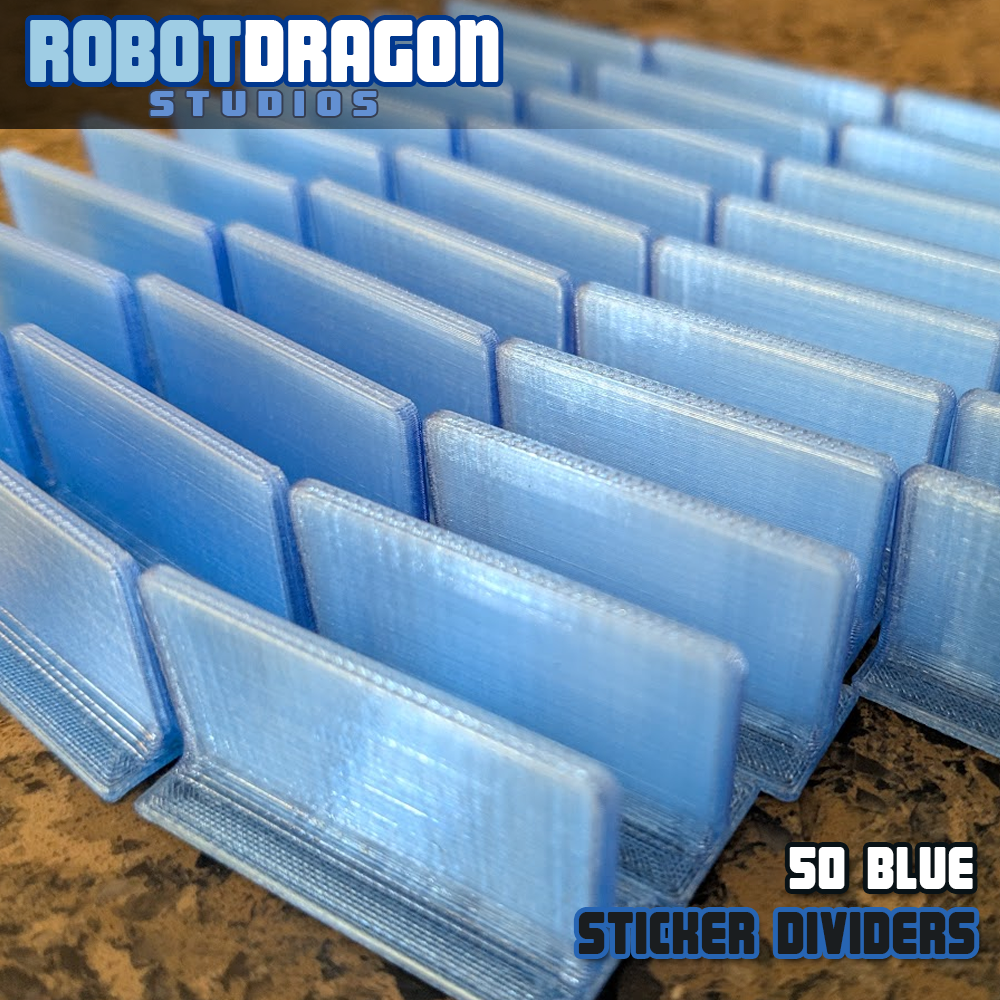 Close up photo of a row of 3D printed blue translucent PETG sticker dividers designed and created by Robot Dragon Studios for artist alley.