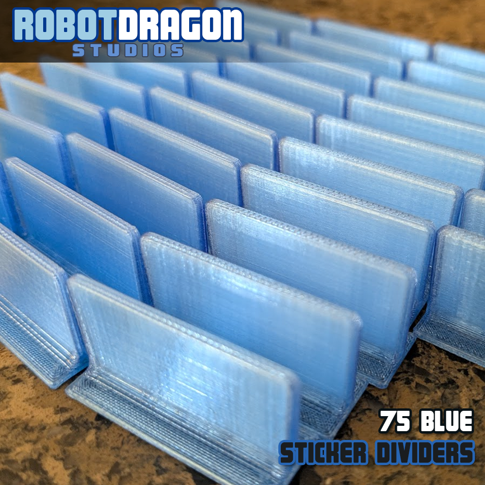 Close up photo of a row of 3D printed blue translucent PETG sticker dividers designed and created by Robot Dragon Studios for artist alley.