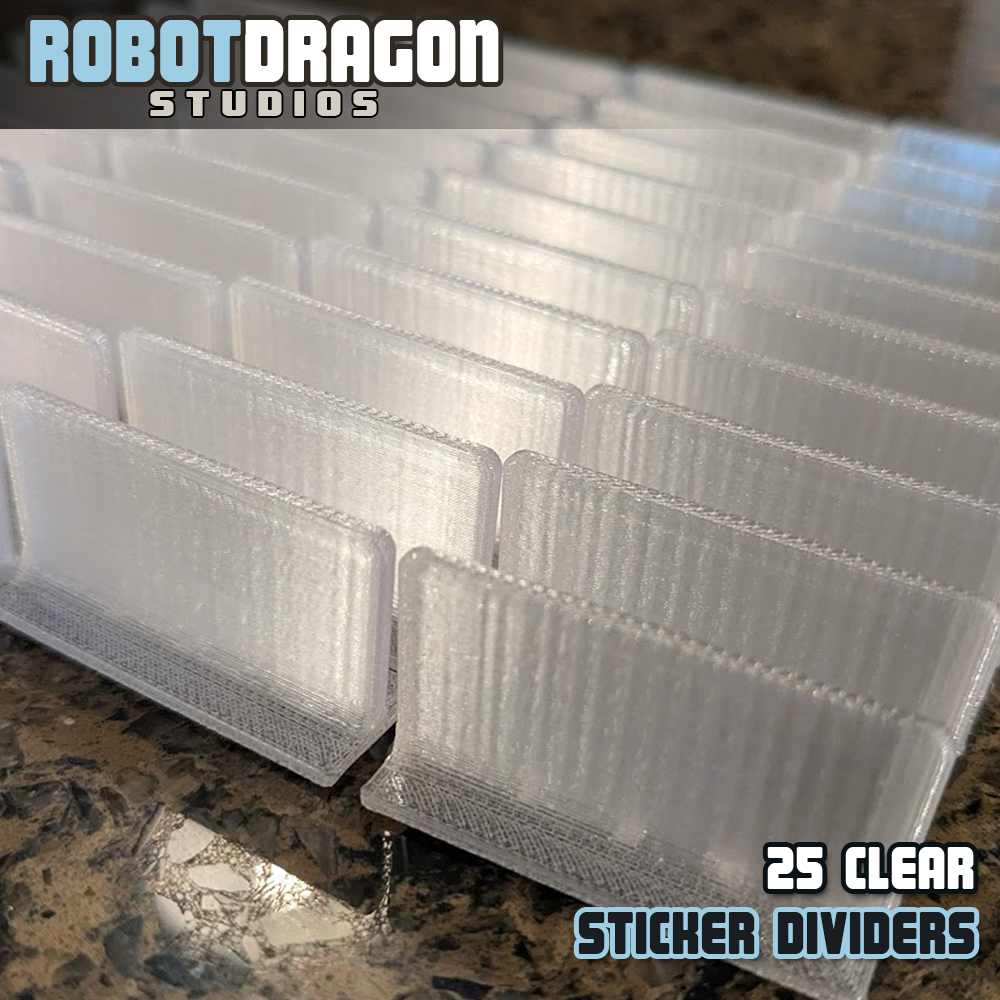 Close up photo of a row of 3D printed clear translucent PETG sticker dividers designed and created by Robot Dragon Studios for artist alley.