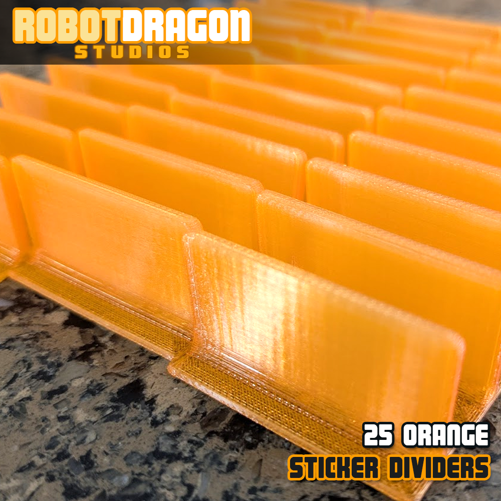 Close up photo of a row of 3D printed orange translucent PETG sticker dividers designed and created by Robot Dragon Studios for artist alley.