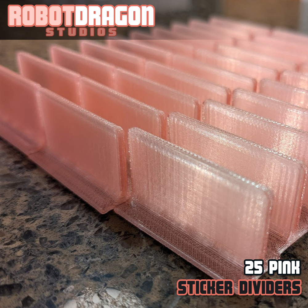 Close up photo of a row of 3D printed pink translucent PETG sticker dividers designed and created by Robot Dragon Studios for artist alley.