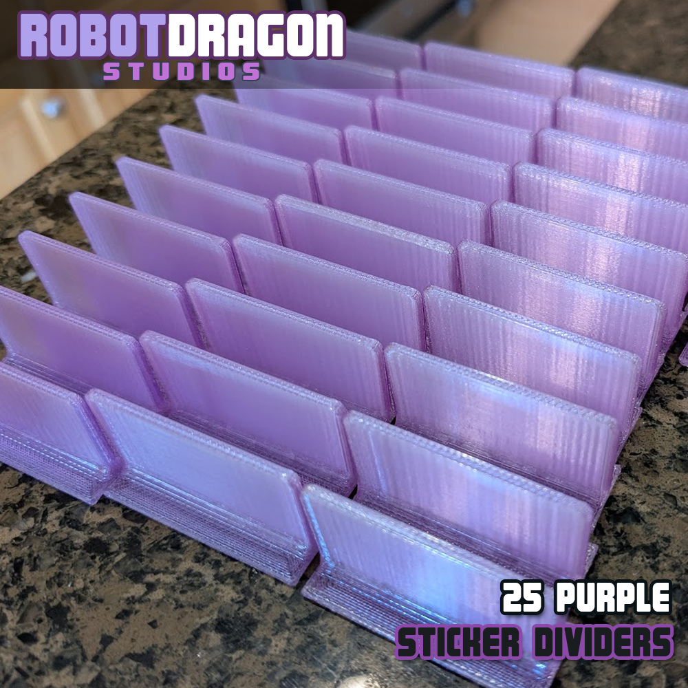 Close up photo of a row of 3D printed purple translucent PETG sticker dividers designed and created by Robot Dragon Studios for artist alley.