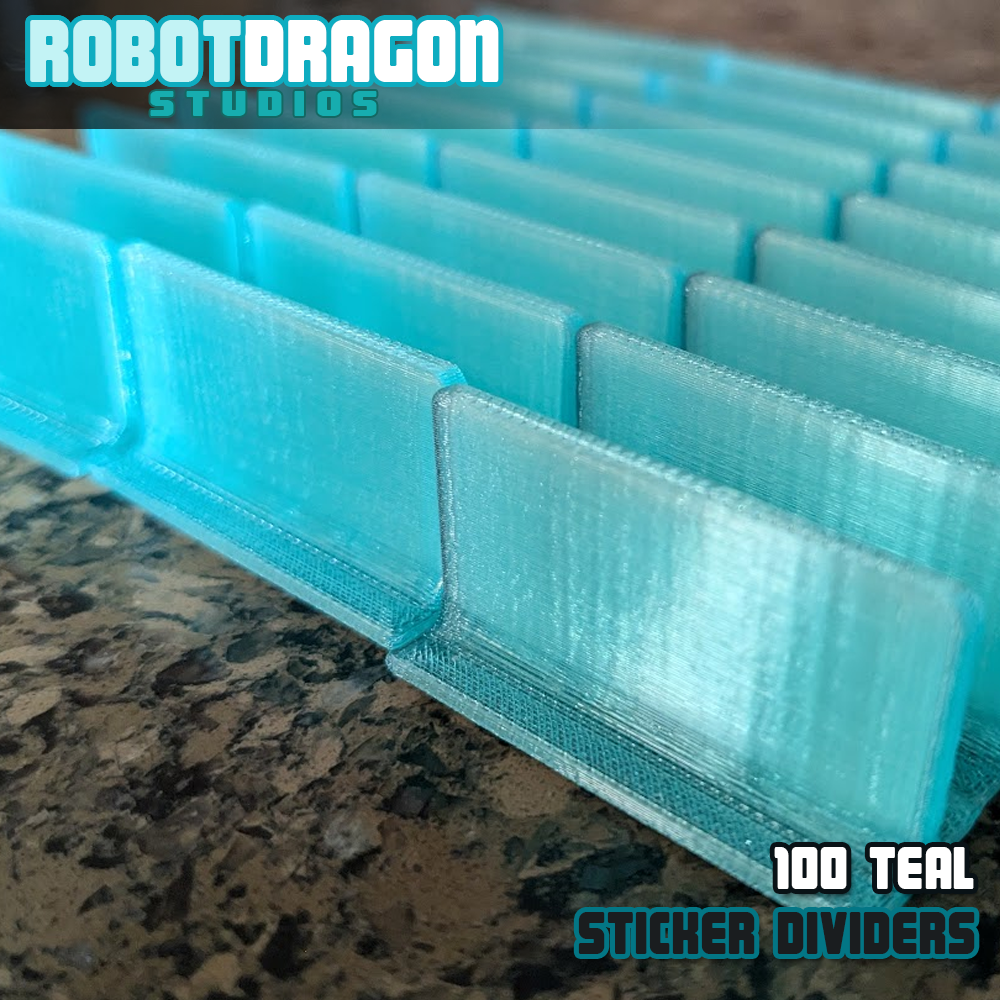 Close up photo of a row of 3D printed teal translucent PETG sticker dividers designed and created by Robot Dragon Studios for artist alley.